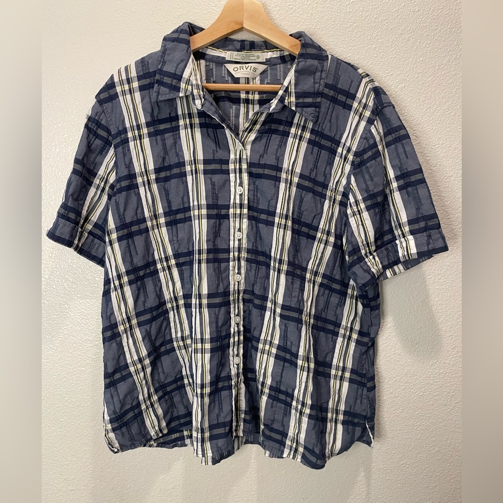 Orvis Navy and White Plaid Short-Sleeve Button-Down Shirt Textured Size 18 Neck
